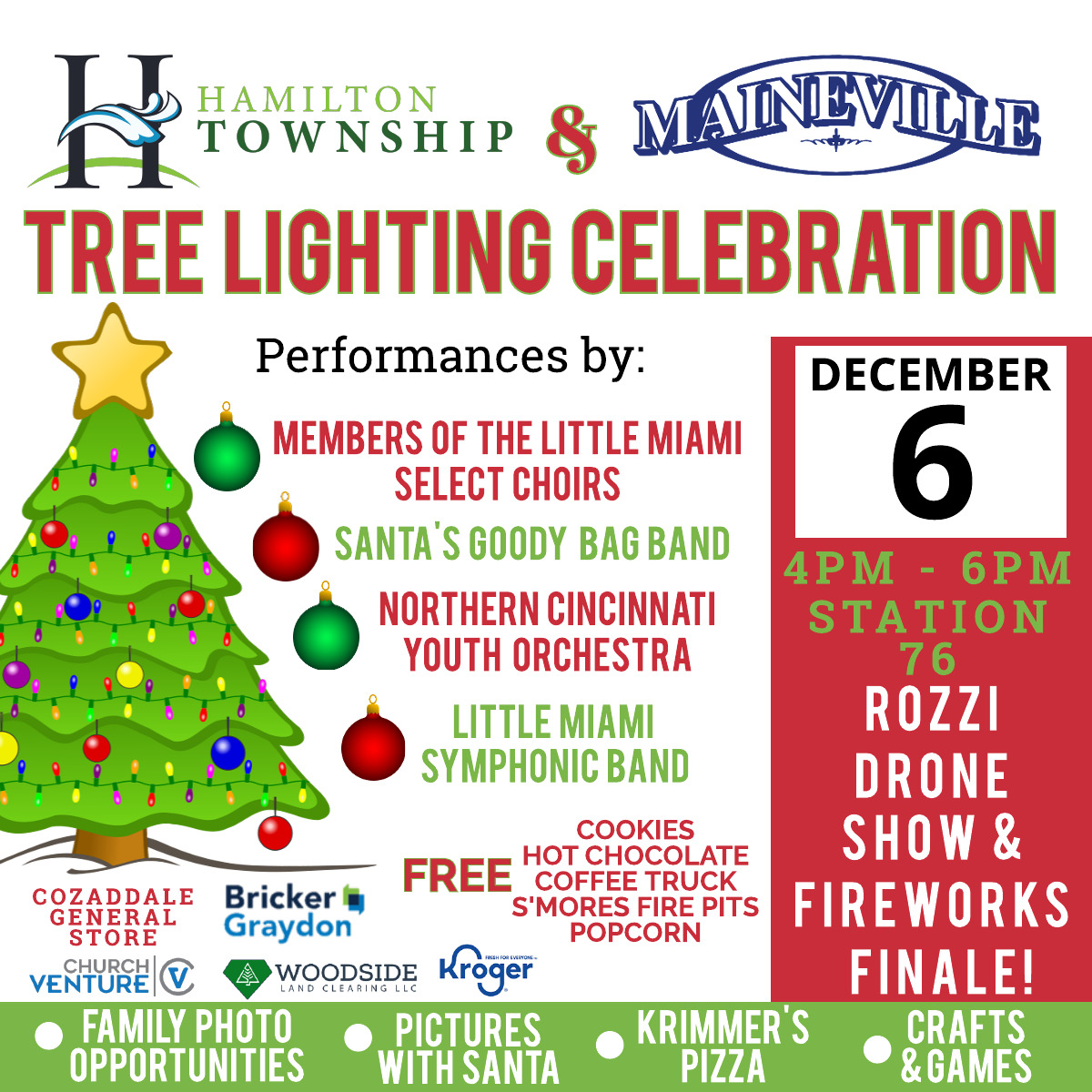 Christmas Tree with ornaments, Hamilton Township and Maineville logos along with sponsor logos