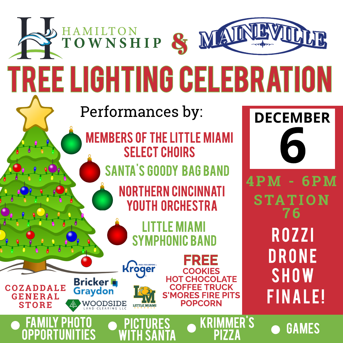 Christmas Tree with ornaments, Hamilton Township and Maineville logos along with sponsor logos