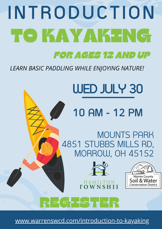 Flyer with introduction to kayaking with event date, time, and address.