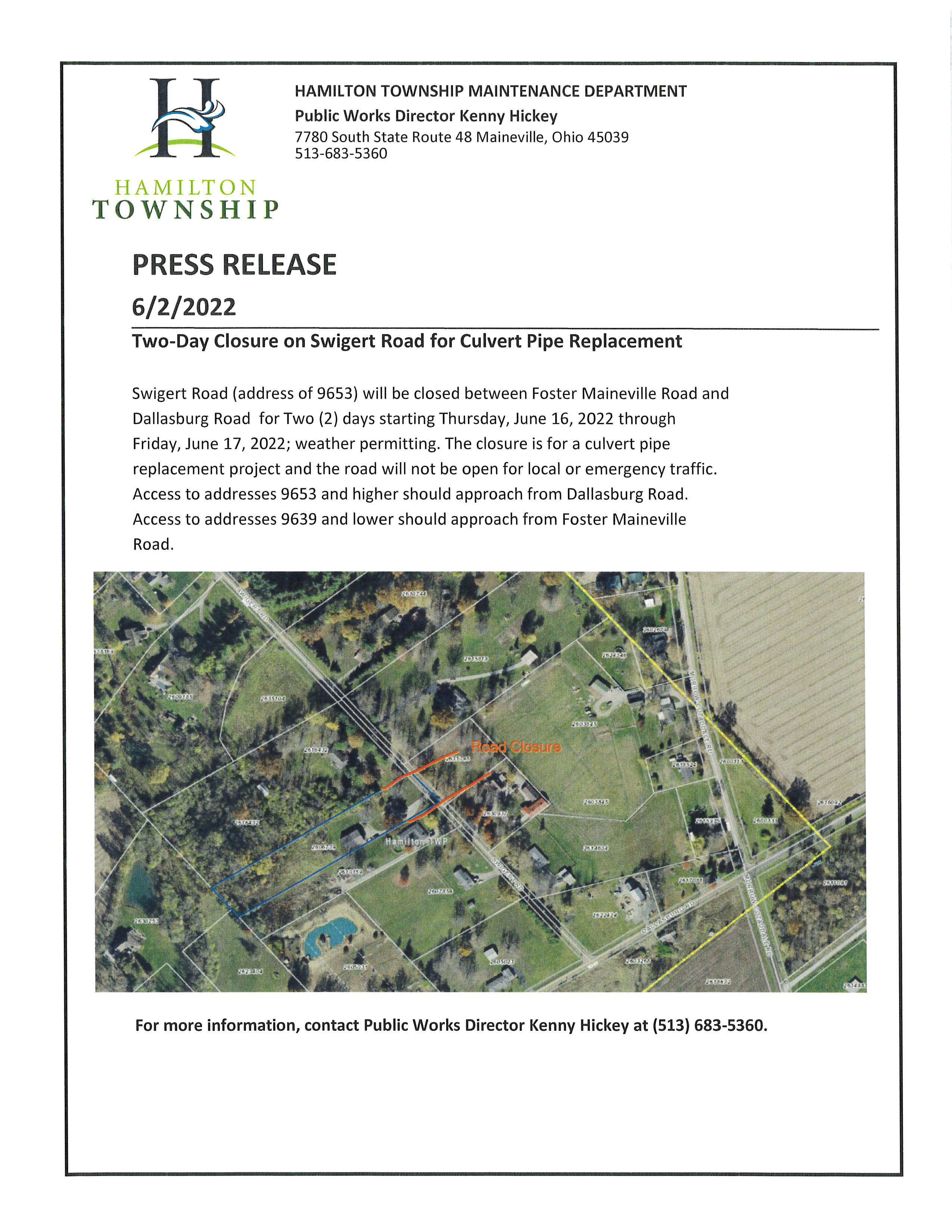 Two-Day Closure on Swigert Road Press Release