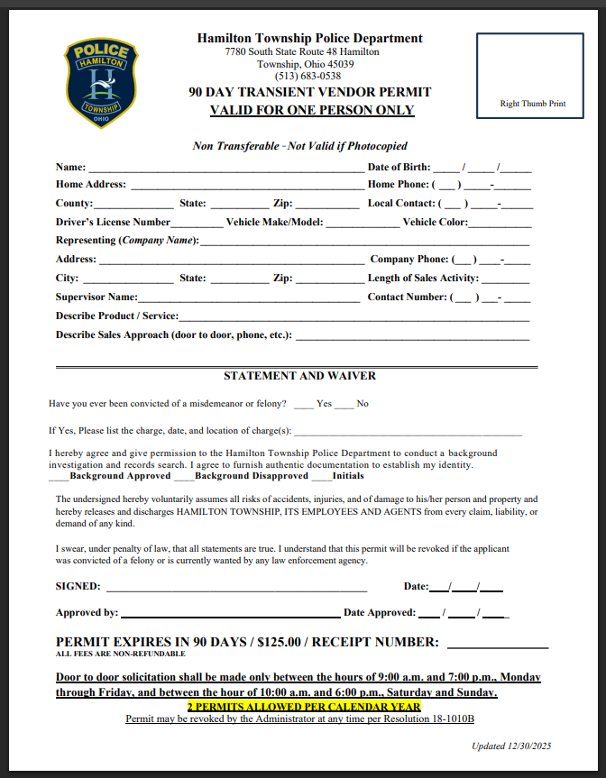 90 Day Vendor Permit