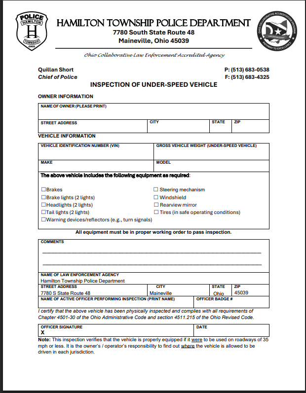 Under Speed Vehicle Inspection Form