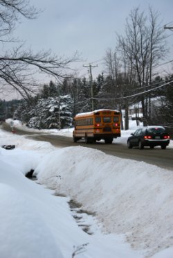 School bus on snowy road